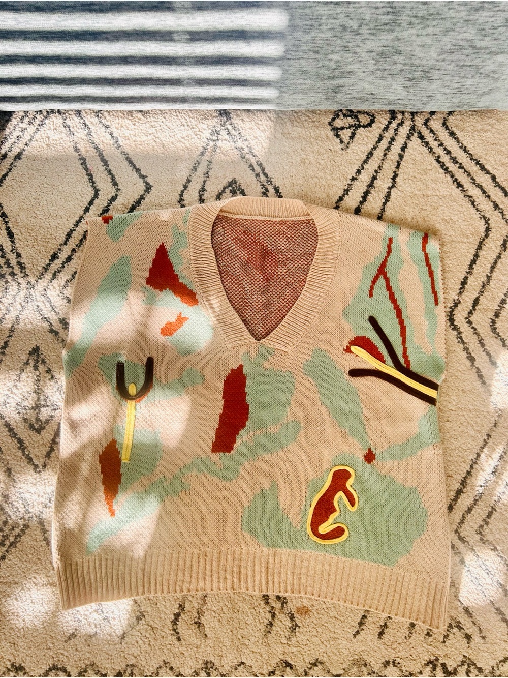 SHEIN Beige V-Neck Sweater Vest with Mint, Rust & Yellow Accents